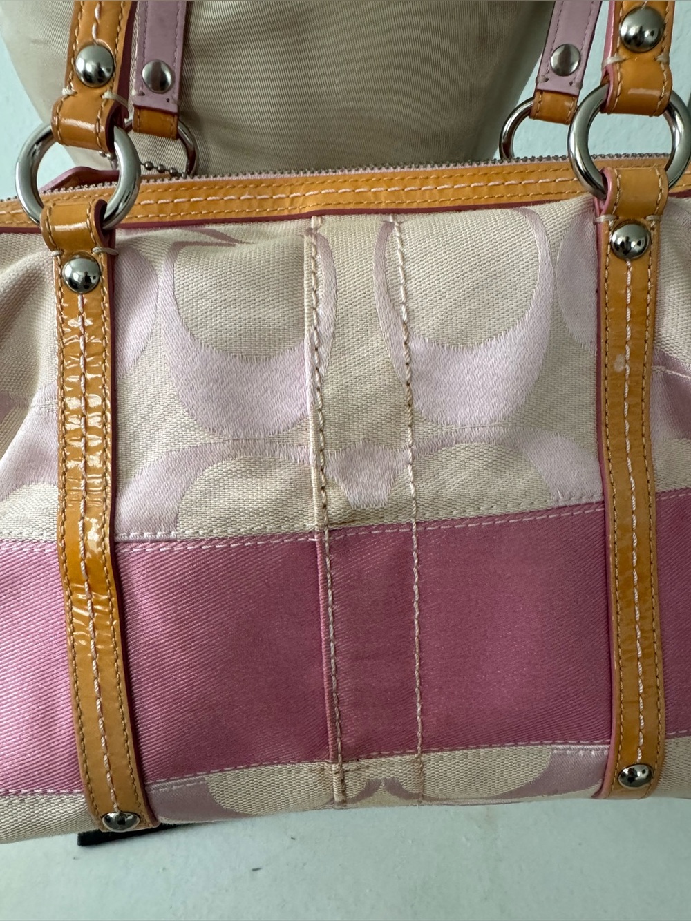 Coach Signature Stripe Boston Satchel Pink Canvas Duffle Y2K Bag F13551 - Picture 8 of 14